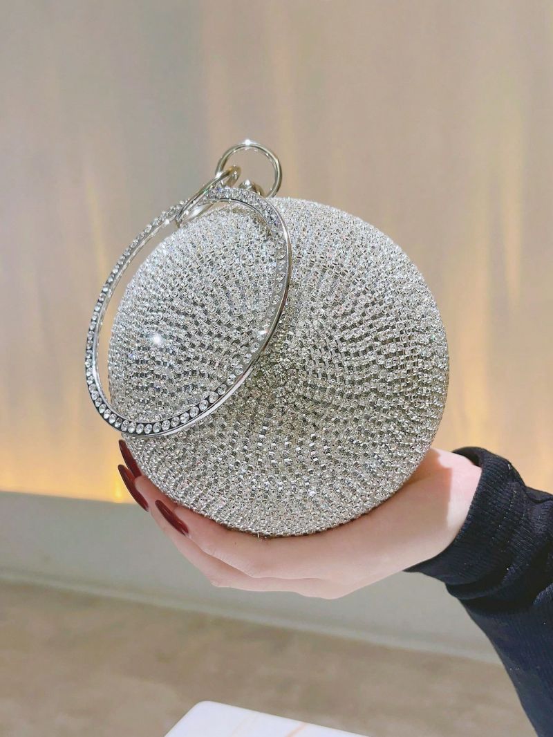 Mini Circle Bag Rhinestone Decor Ring Strap For Party, Perfect Bride Purse For Wedding, Prom & Party Events