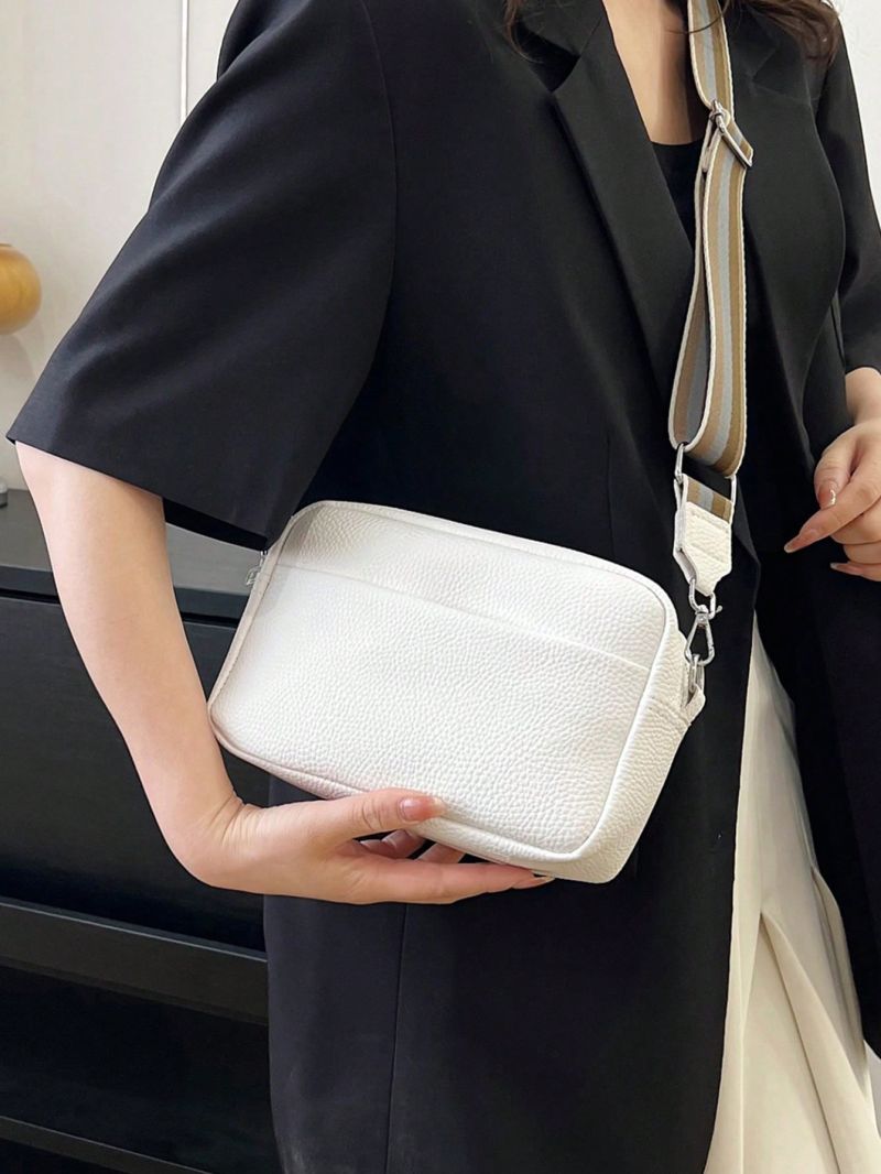 Litchi Embossed Square Bag White Adjustable Strap For Daily
