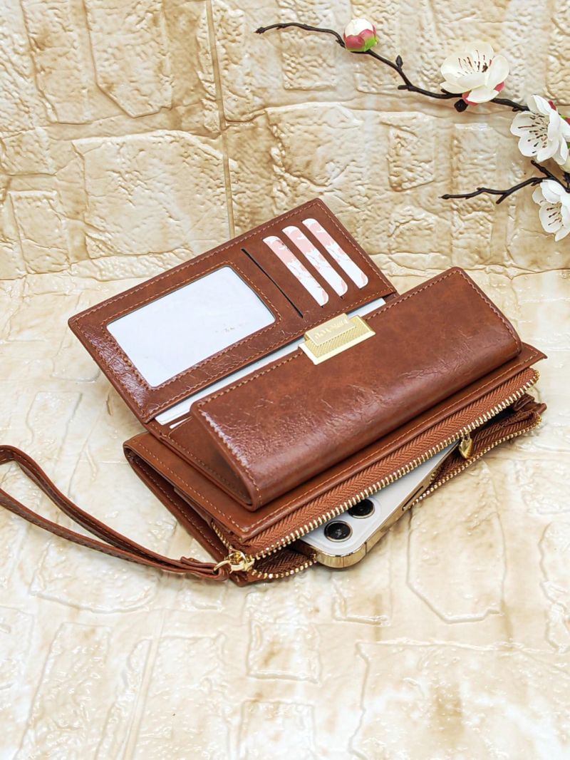 Brown Long Wallet Credit Card Holder With Zipper For Daily