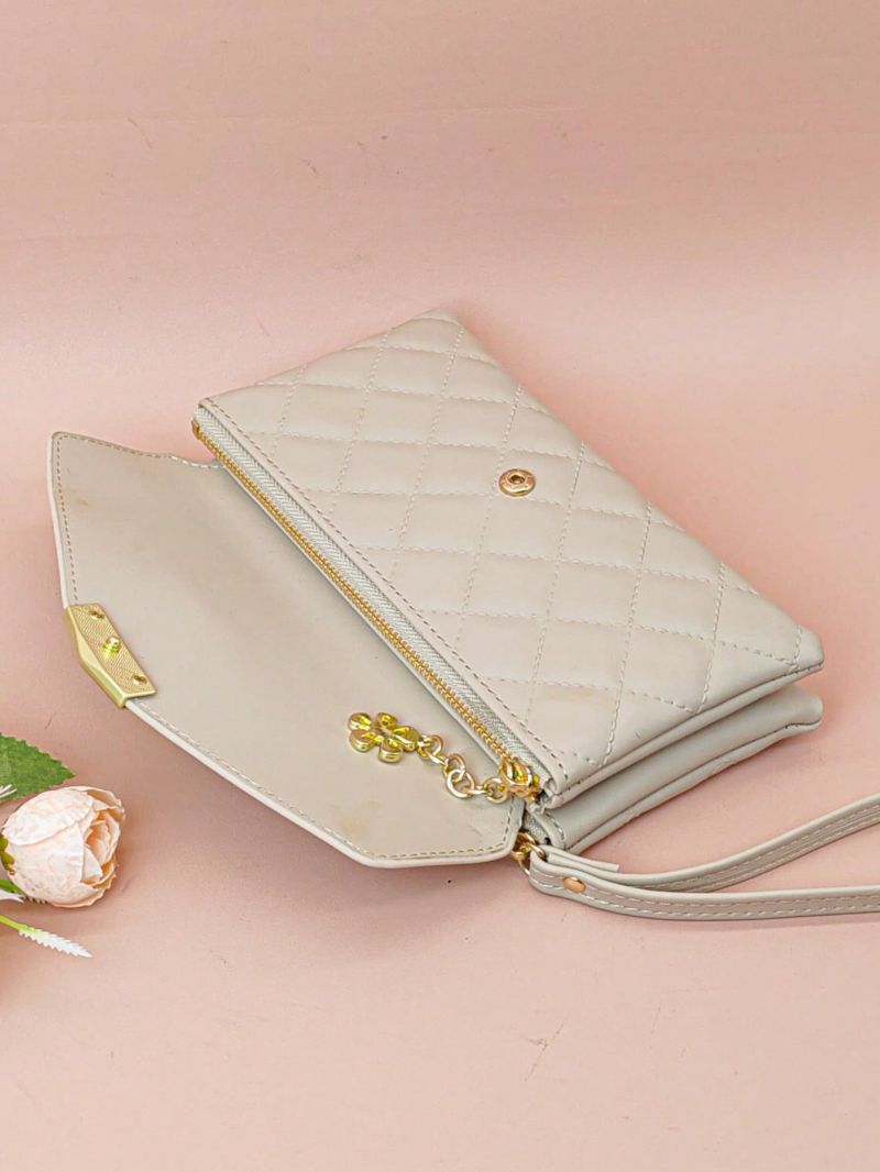 PU Long Wallet With Wristlet Rhombus Pattern