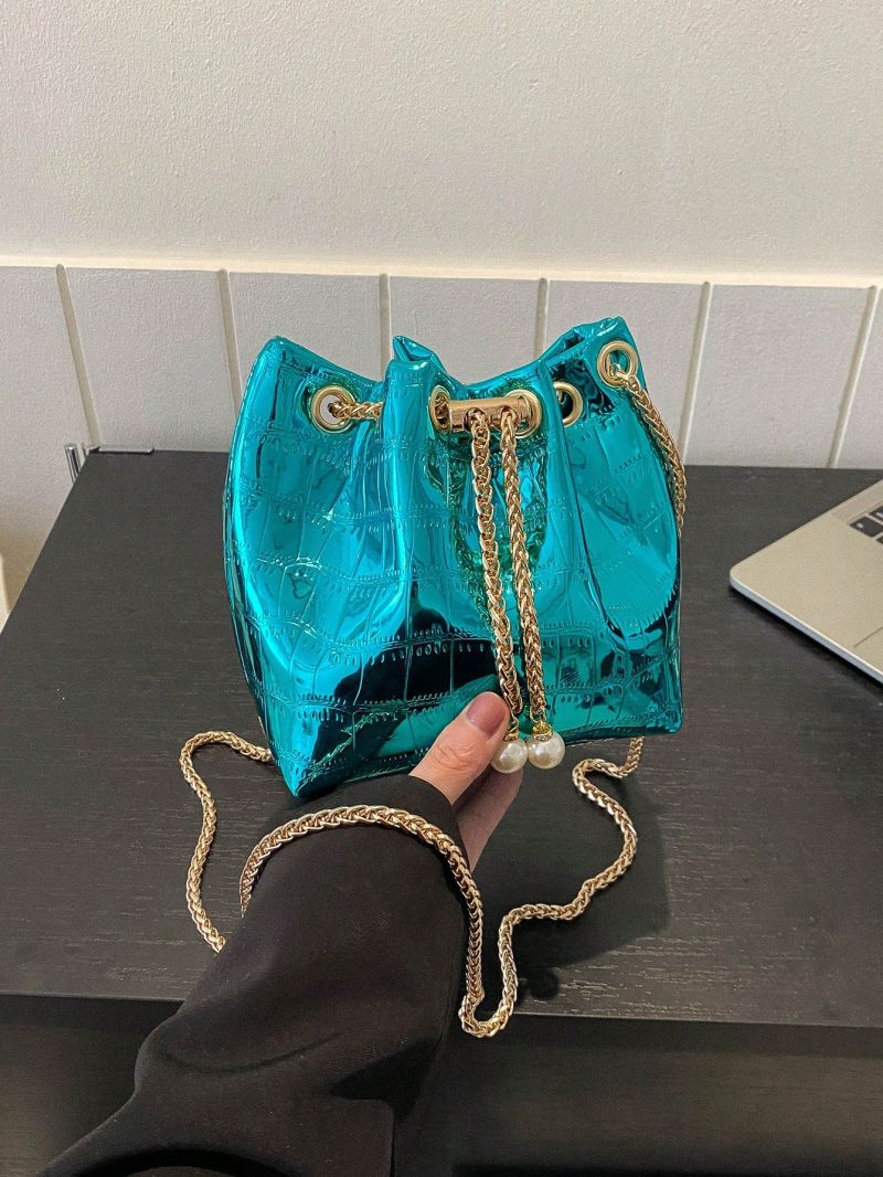 PU Bucket Bag Drawstring Design Crocodile Embossed Faux Pearl Decor Chain