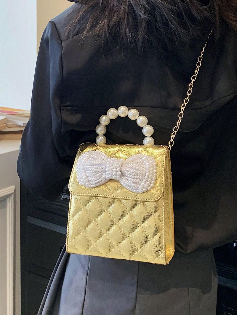 Mini Square Bag Quilted Faux Pearl & Bow Decor Metallic PU Funky