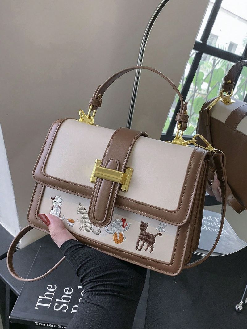 Cartoon Animal Embroidered Flap Square Bag Contrast Binding