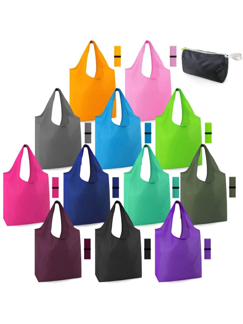 BeeGreen 12 Pack Bulk Reusable Grocery Bags Multicolor Durable Machine Washable Grocery Bags for Shopping X-Large 50LBS Heavy Duty Folding Reusable Bags Totes with Zipper Storage Bag