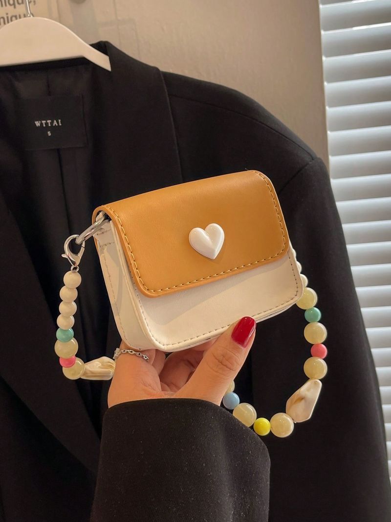 Mini Flap Square Bag Colorblock Heart Decor Beaded Strap