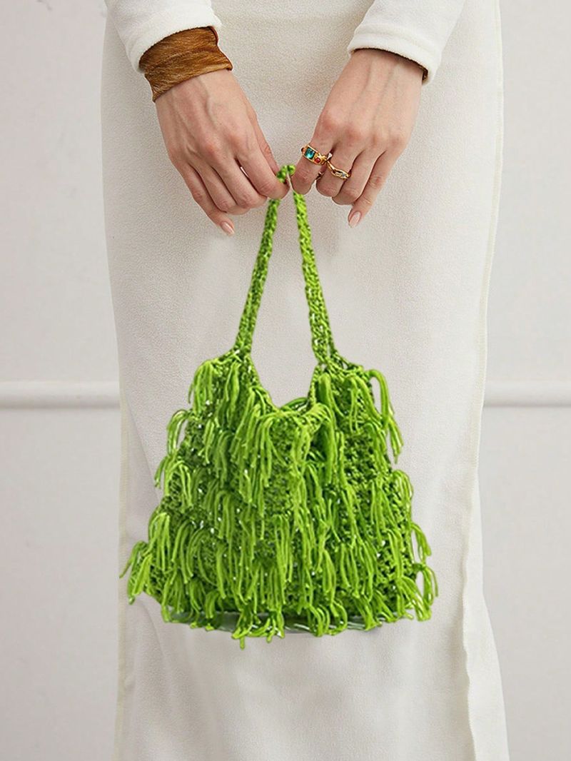 Small Crochet Bag Green Fringe Decor