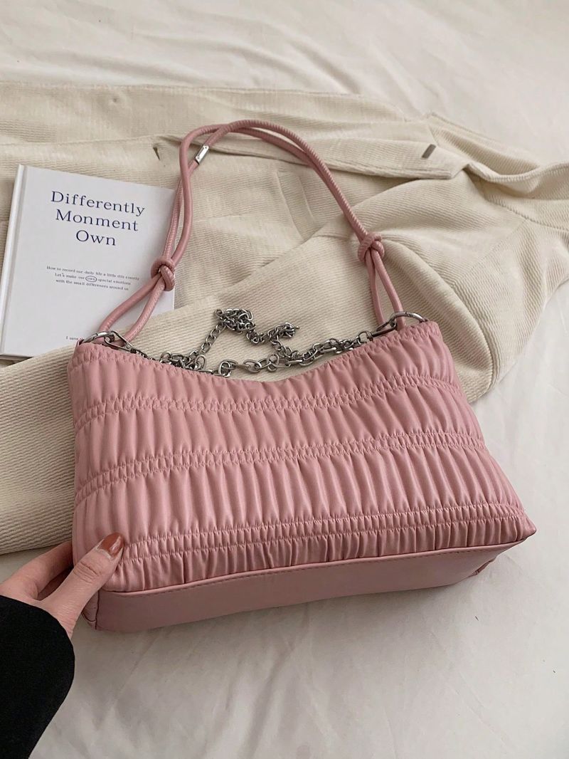 Medium Hobo Bag Baby Pink Ruched Detail Chain Decor