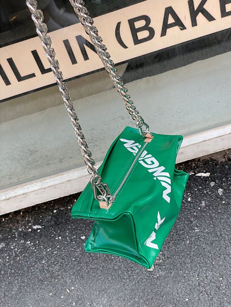 Letter Print Box Bag Green Chain Strap For Daily