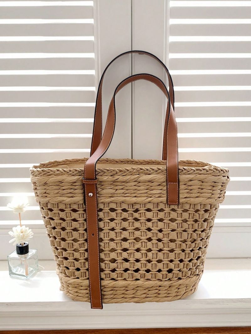 Hollow Out Design Straw Bag Double Handle Vacation
