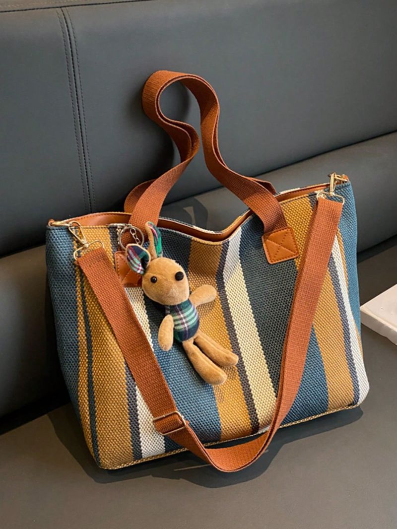 Striped Pattern Shoulder Tote Bag Medium With Bag Charm