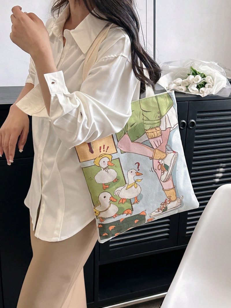 Cartoon Duck Graphic Shopper Bag Double Handle Zipper Canvas