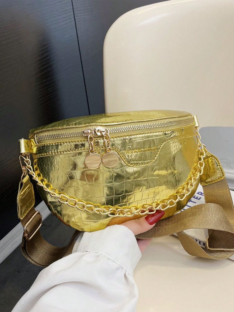 Crocodile Embossed Fanny Pack Letter Detail Chain Decor With Zipper Metallic PU Funky