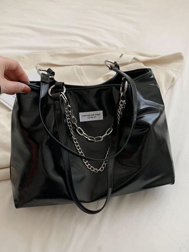 Black Shoulder Tote Bag Chain & Letter Patch Decor PU
