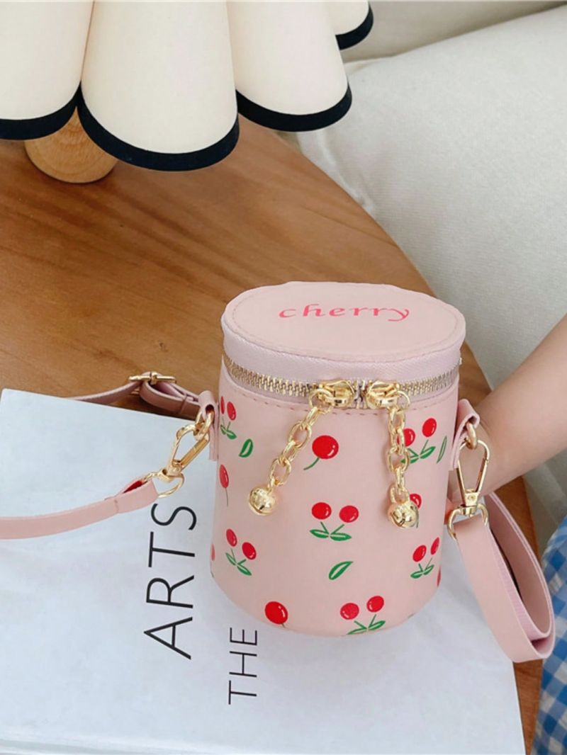 Cherry Print Bucket Bag With Zipper Fashion Pink