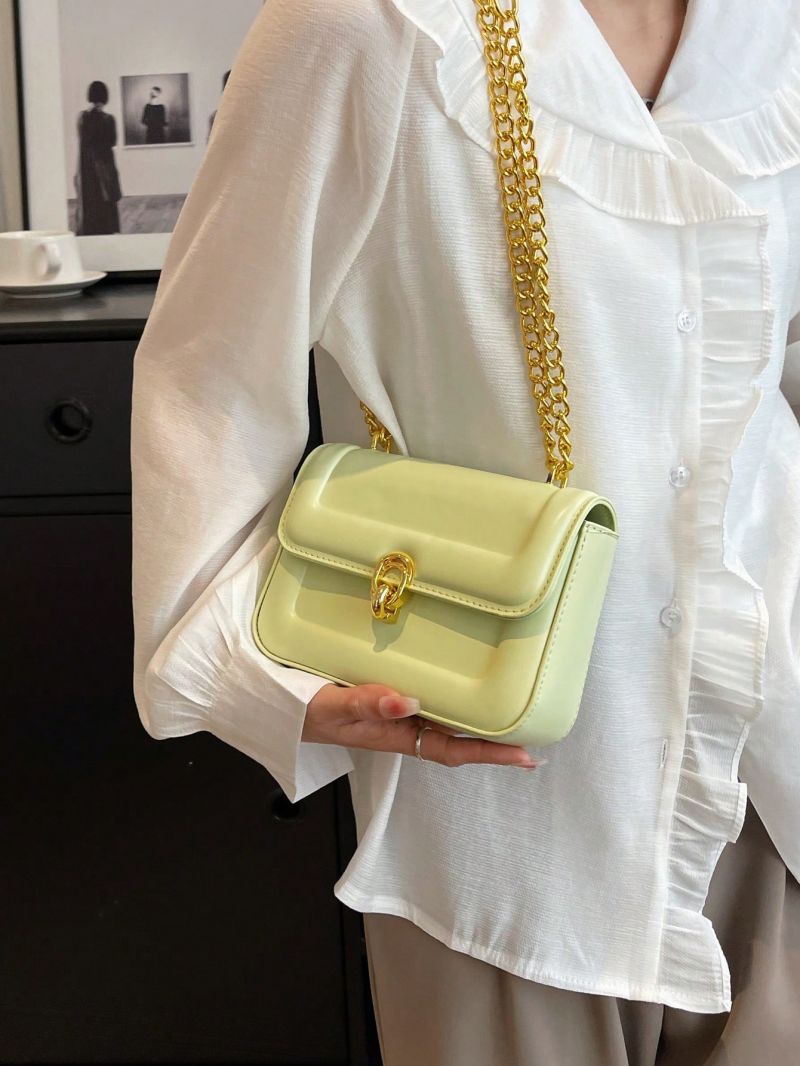 Mini Square Bag Green Metal Decor Chain Strap For Daily