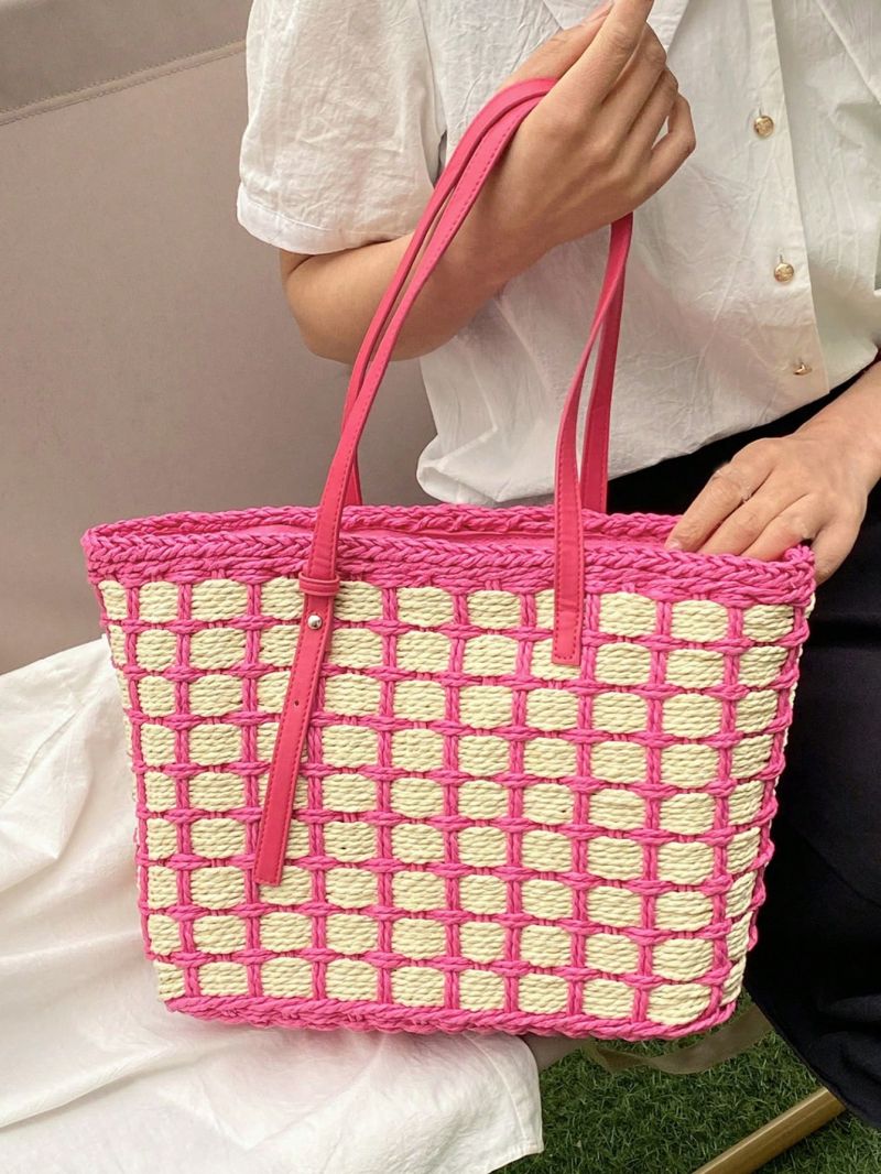 Two Tone Straw Bag Paper Plaid Pattern