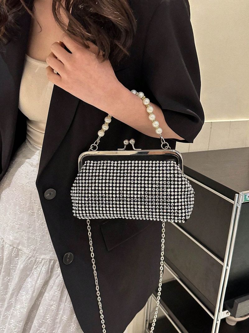 Small Square Bag Rhinestone & Pearl Decor Kiss Lock
