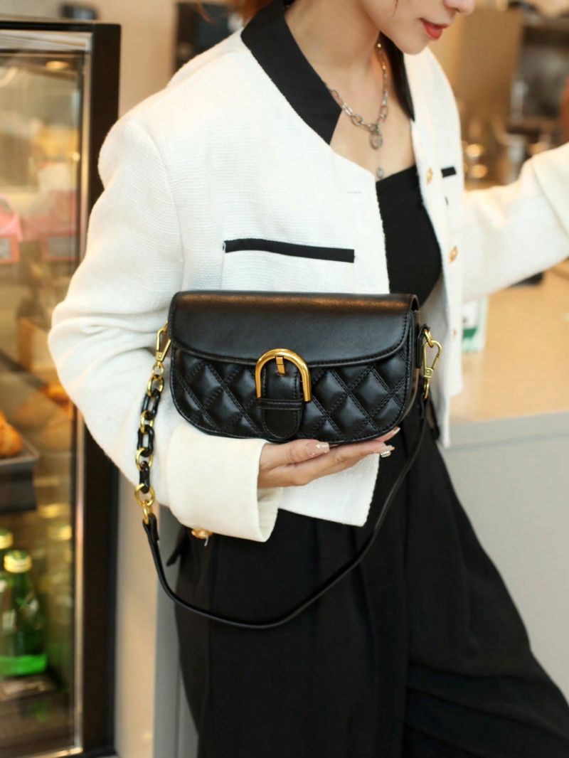 Small Flap Saddle Bag Quilted Pattern Buckle Decor