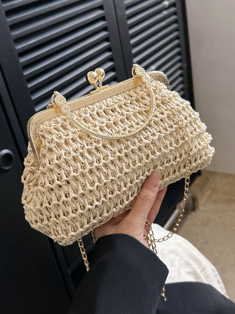 Small Straw Bag Paper Kiss Lock Chain Strap