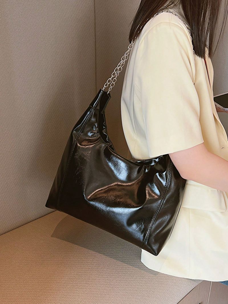 Black Shoulder Tote Bag Double Handle Chain Snap Button PU