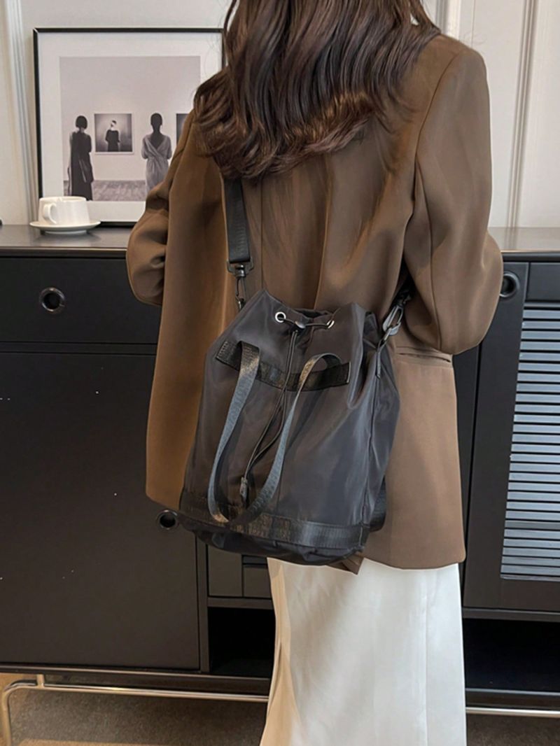 Minimalist Bucket Bag Small Double Handle Black Drawstring Design