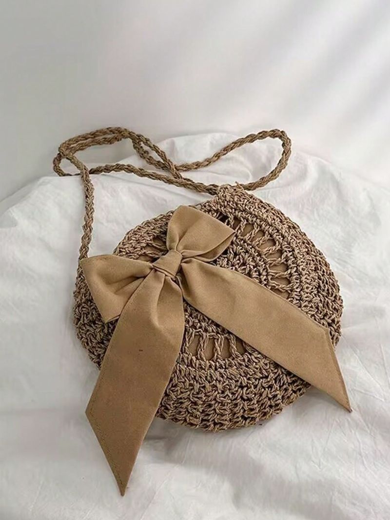 Bow Decor Straw Bag Vacation Zipper For Summer