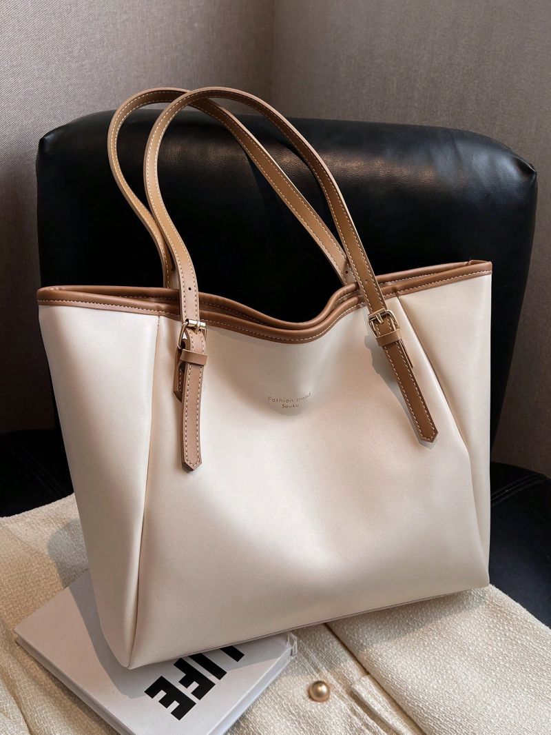 Large Shoulder Tote Bag Colorblock Buckle Decor For Work