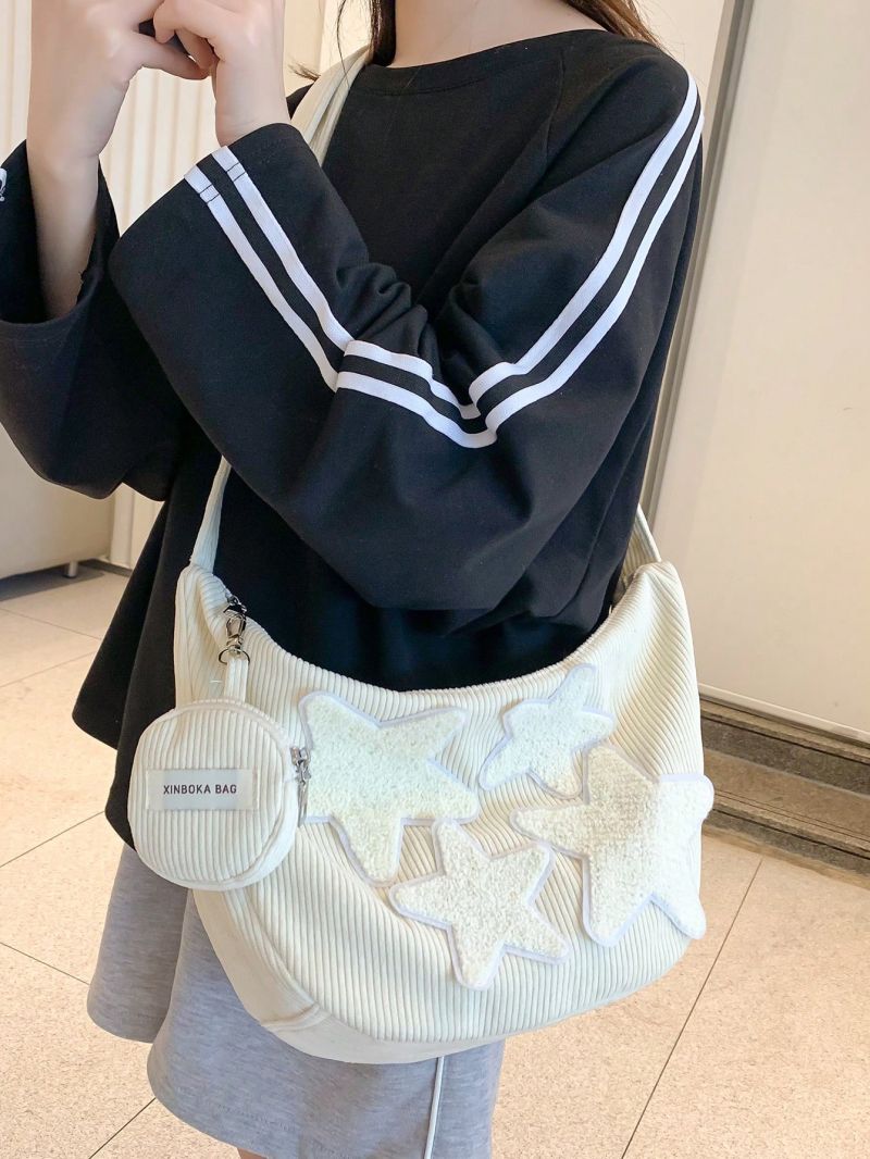 Beige Hobo Bag Star Decor Corduroy With Coin Purse