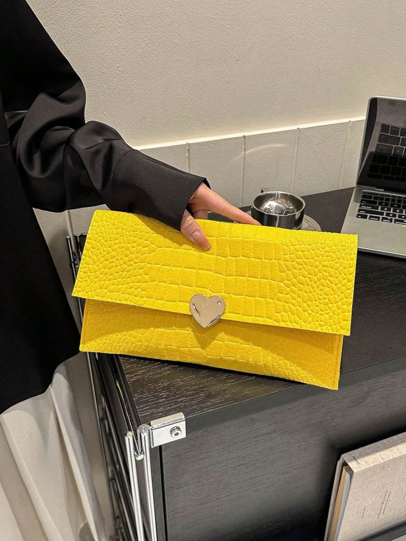Crocodile Embossed Envelope Bag Yellow Metal Decor