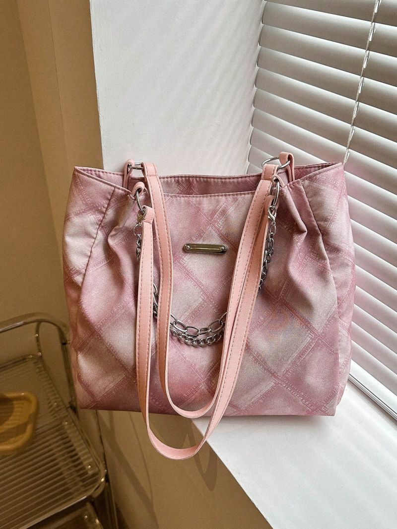 Polyester Shoulder Tote Bag Chain Decor Zipper