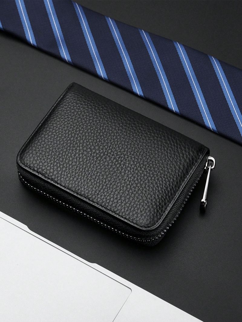 Litchi Embossed Classic Card Holder Fashionable Zipper Genuine Leather