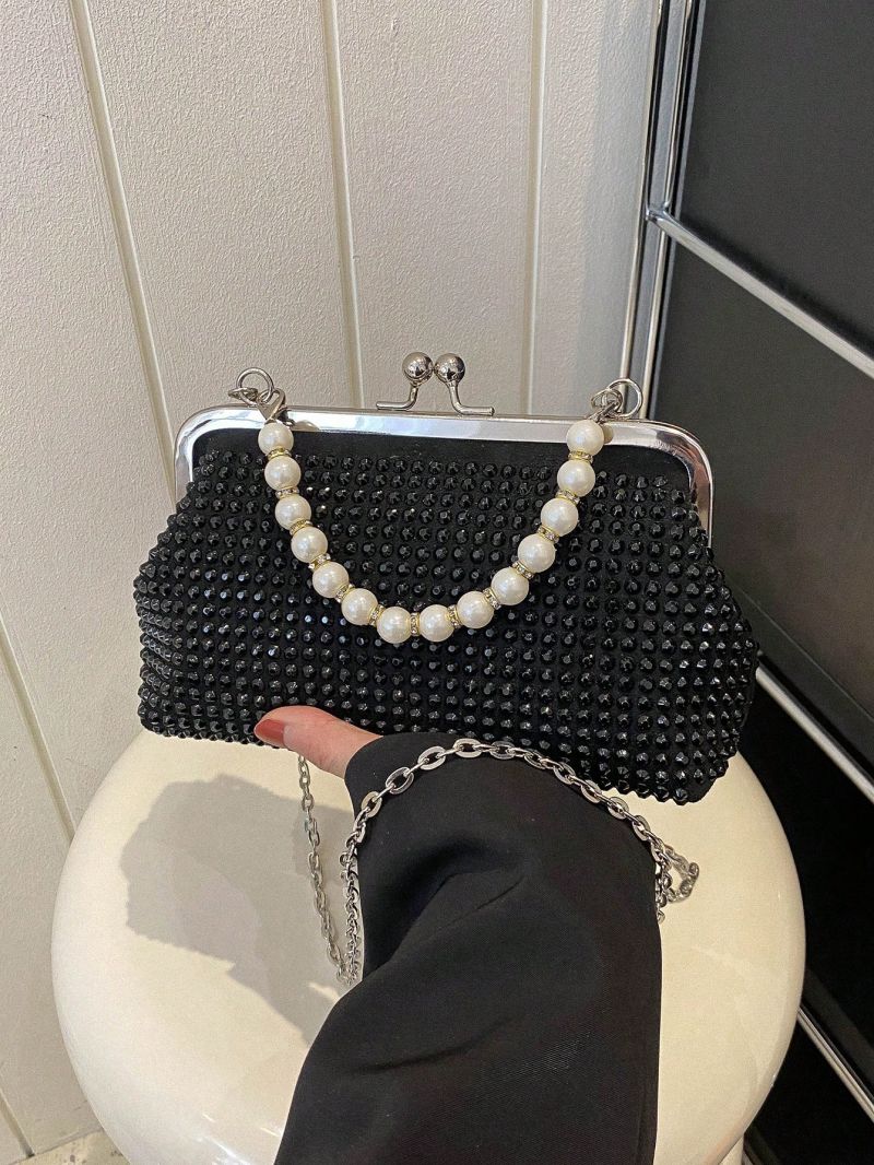 Small Square Bag Glamorous Rhinestone & Faux Pearl Decor Kiss Lock Chain PU