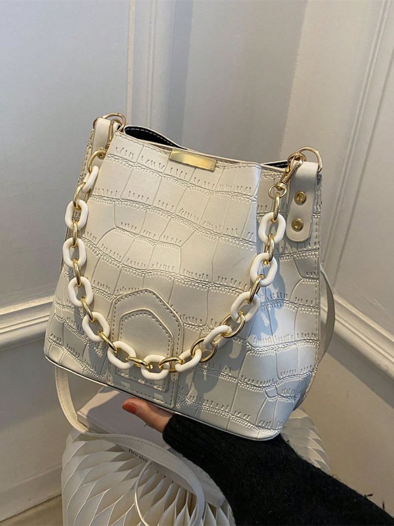 Crocodile Embossed Bucket Bag Fashionable Chain Decor Magnet PU
