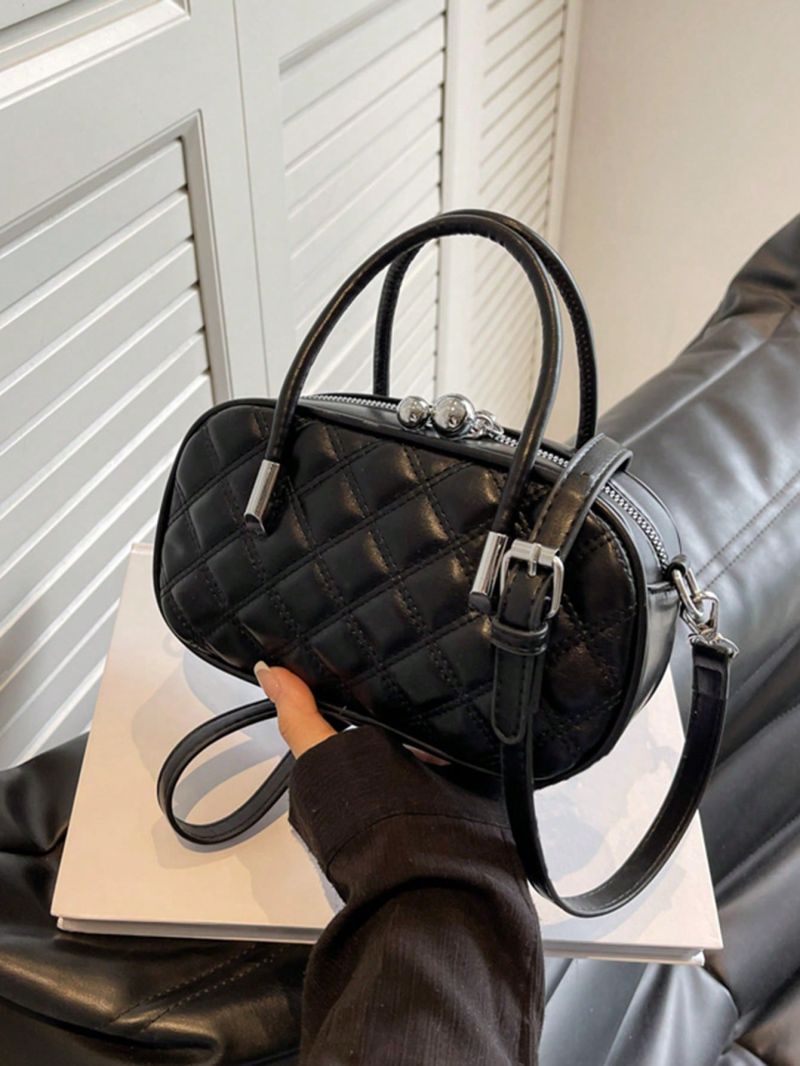 Small Square Bag Fashionable Argyle Quilted Double Handle Zipper PU