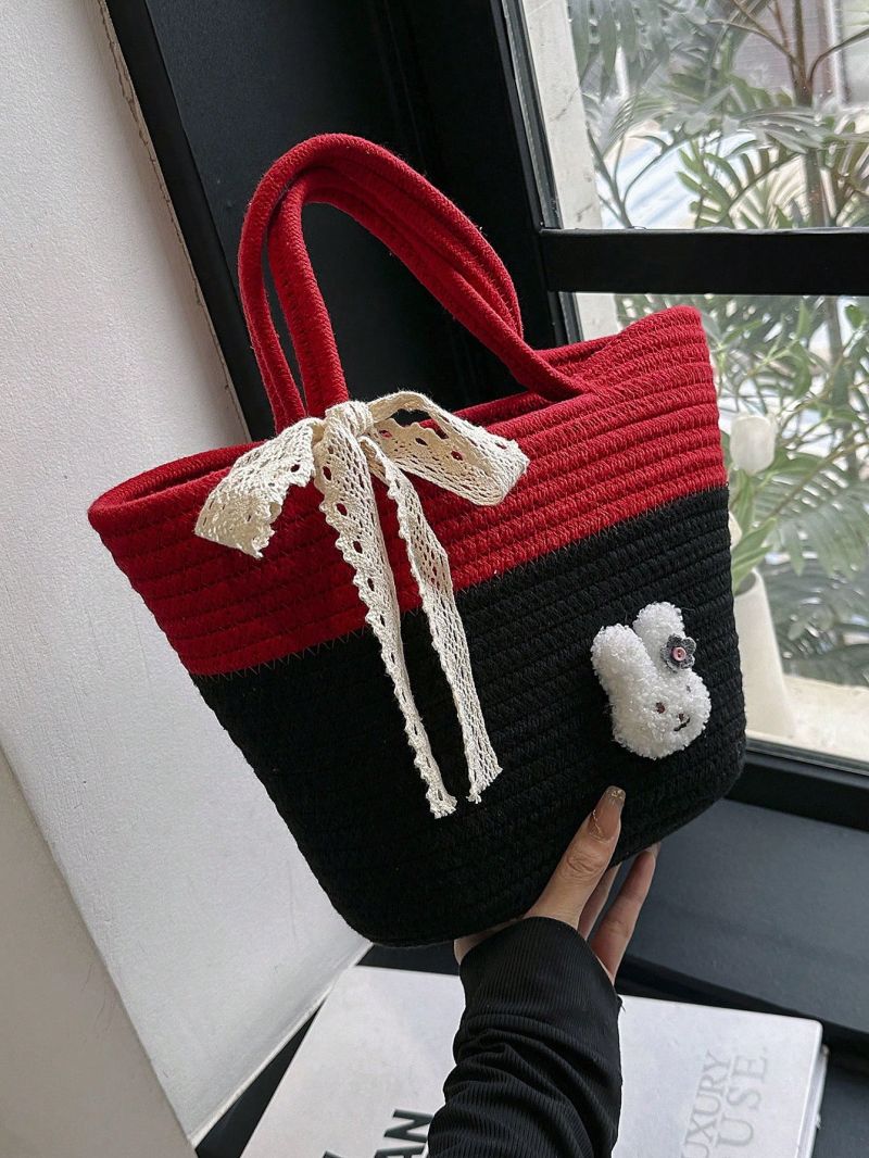 Color Block Straw Bag Rabbit & Bow Decor