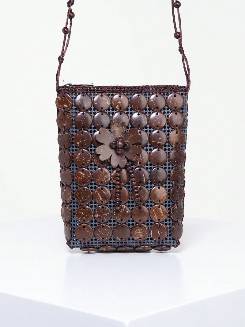 Women Handmade Beaded Coconut Shells Crossbody Bag, Woven Travel Shoulder Bag,Bohemian