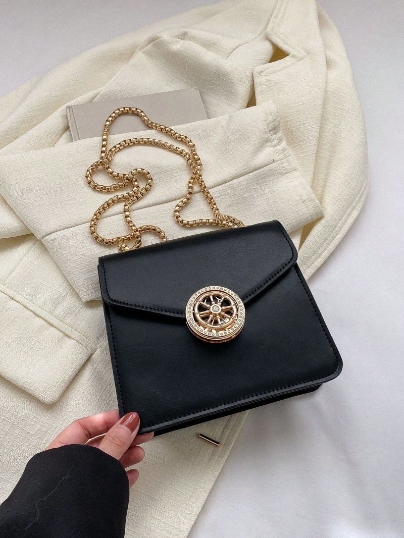 Mini Square Bag Rhinestone Decor Flap PU Black