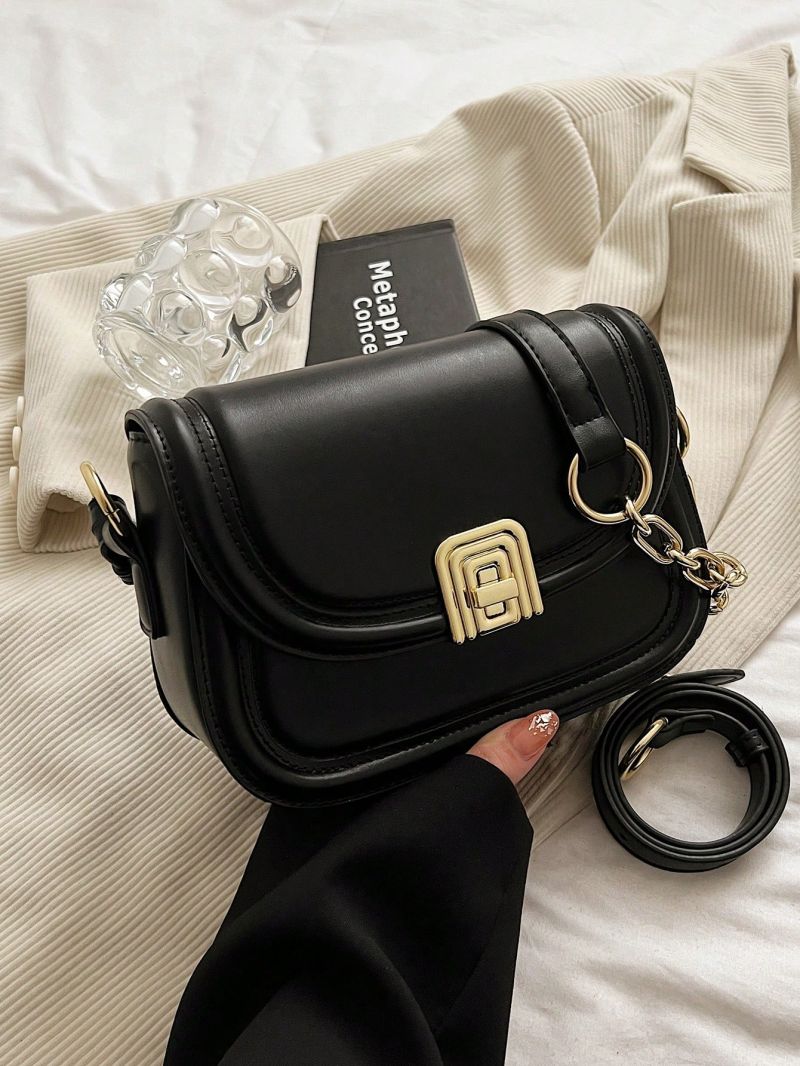 Metal Decor Saddle Bag Flap PU Black