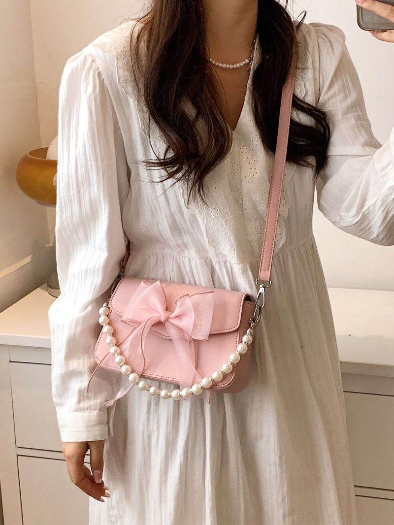 Mini Flap Square Bag Bow & Pearl Decor Pink