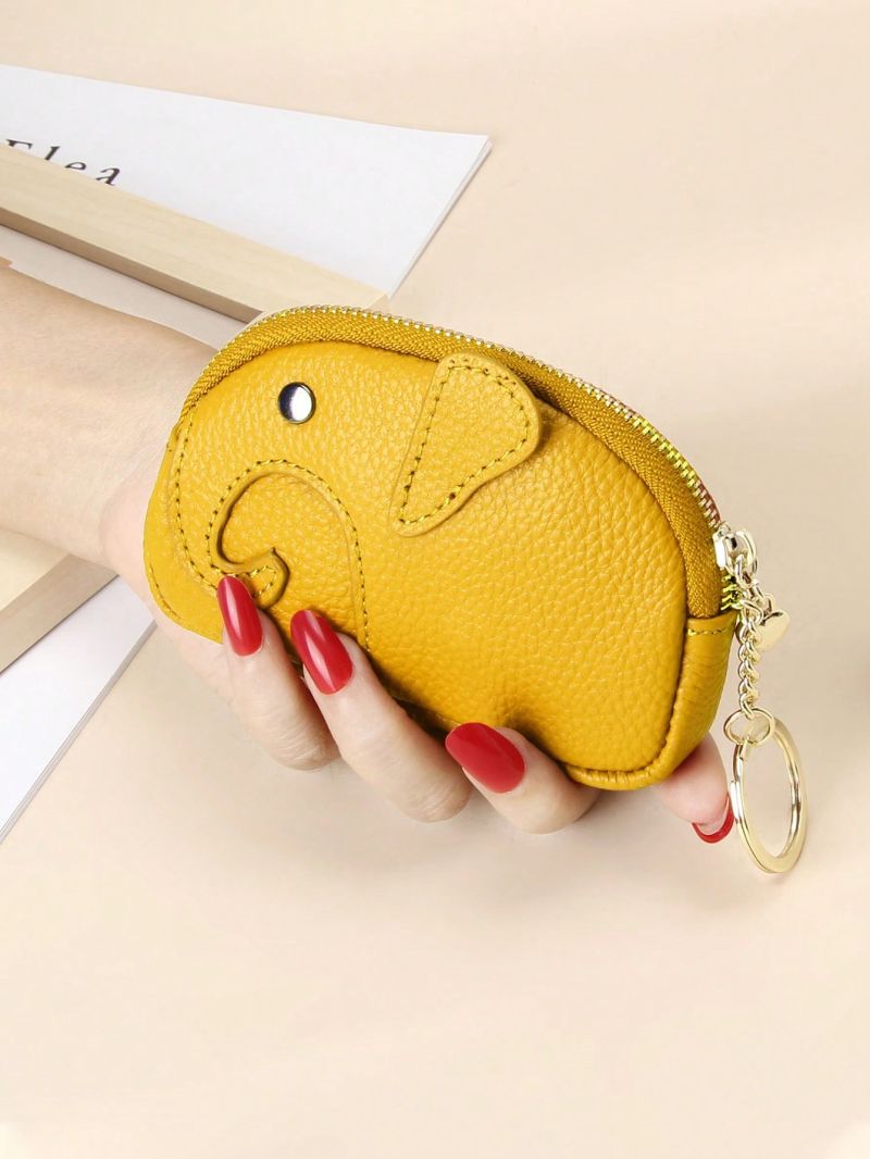 Genuine Leather Coin Purse Litchi Embossed Cartoon Elephant Design