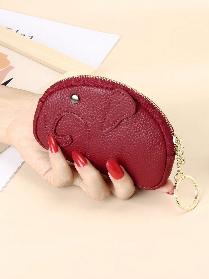 Genuine Leather Coin Purse Litchi Embossed Cartoon Elephant Design