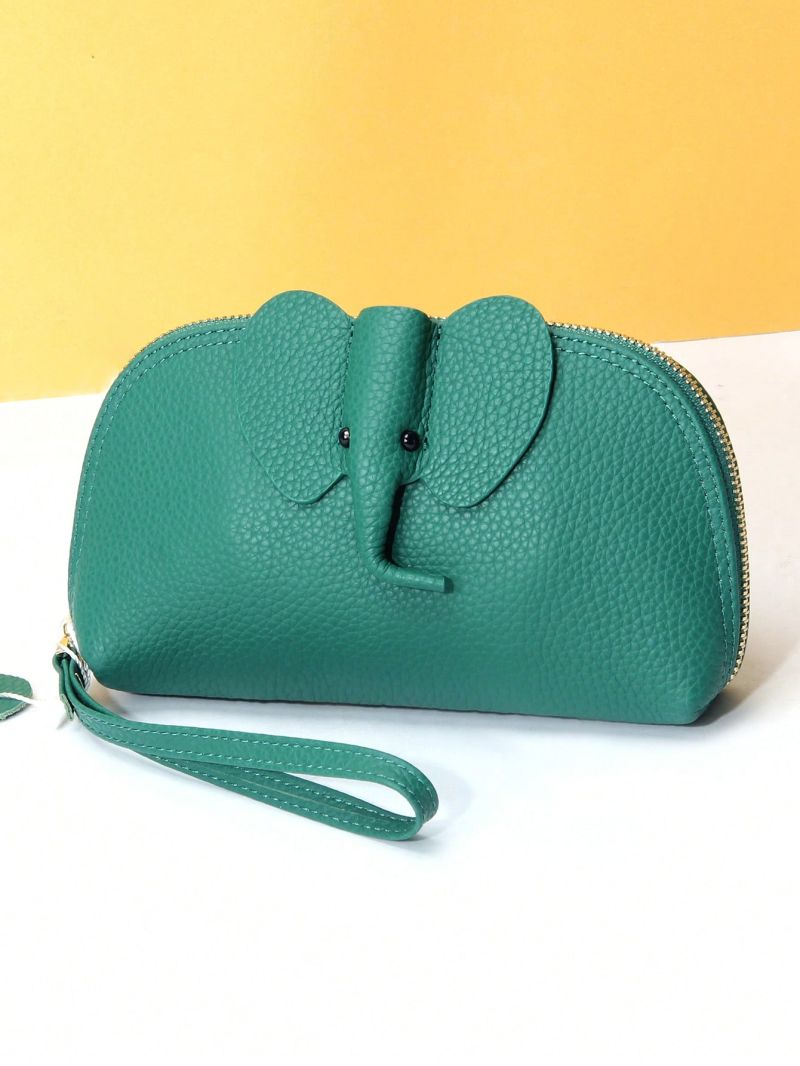 Elephant Design Wristlet Bag Zipper Genuine Leather Green