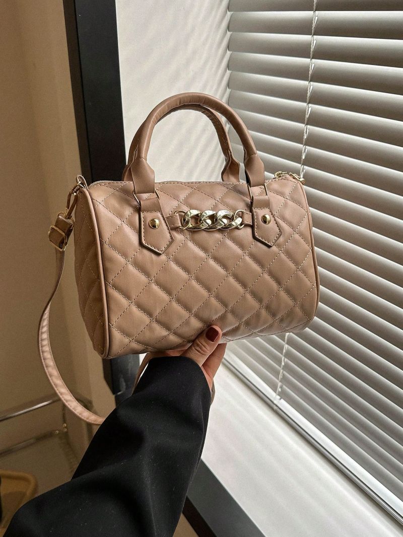 Chain Decor Boston Bag Quilted PU Brown