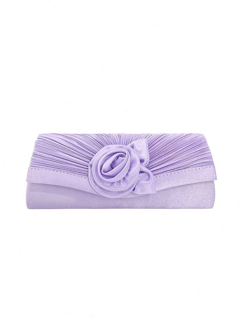 Polyester Square Bag Flower Decor Ruched Design Flap Mauve Purple