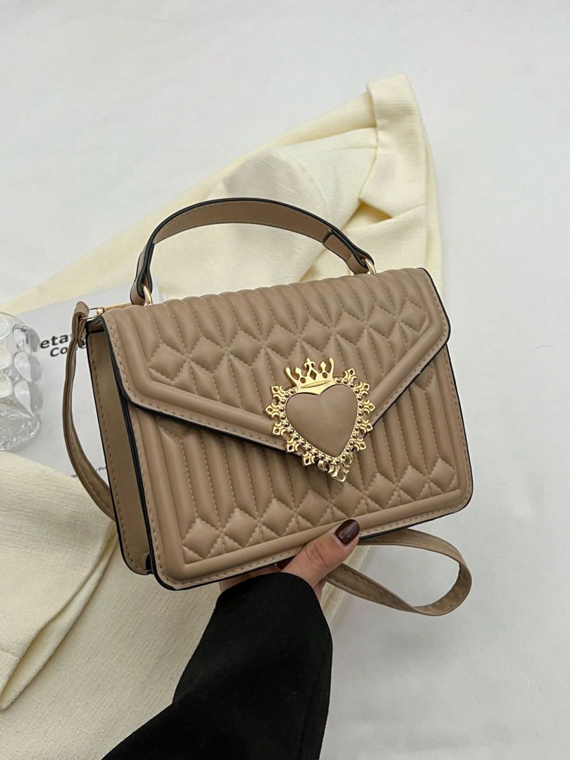 Quilted Detail Square Bag Heart & Crown Decor Top Handle Flap PU