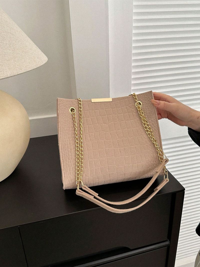 Crocodile Embossed Square Bag Khaki Chain Strap