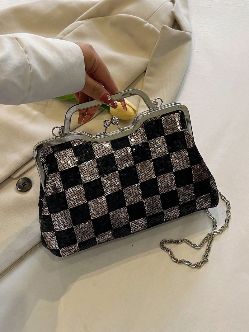 Sequin Decor Square Bag Small Kiss Lock Glamorous
