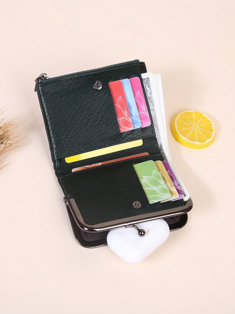 Letter Graphic Small Wallet Kiss Lock Dark Green