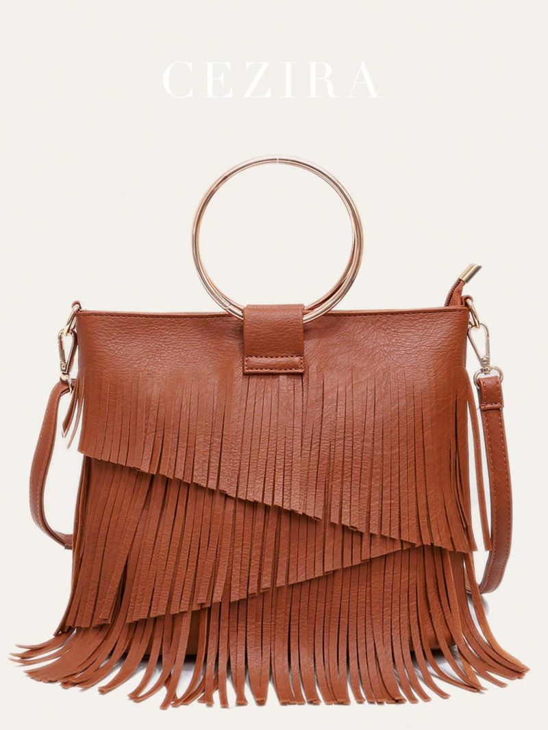 Metal Ring Top Handle Square Bag Fringe Satchel Bag