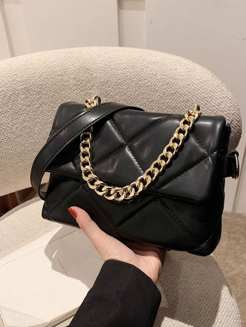 Quilted Square Bag Black Chain Decor Flap For Work